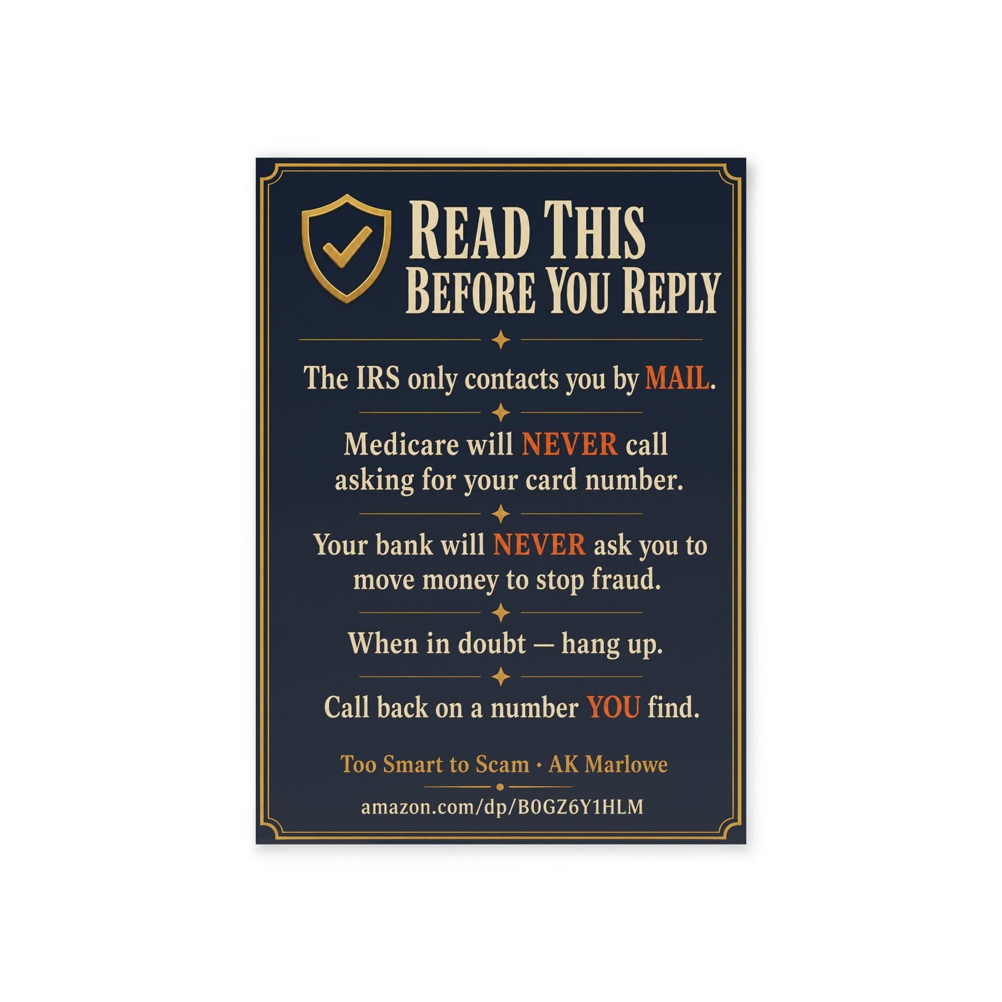 Senior Scam Alert Checklist Card - STOP Before You Respond - Phone Scam  Protection Reference Card for Seniors