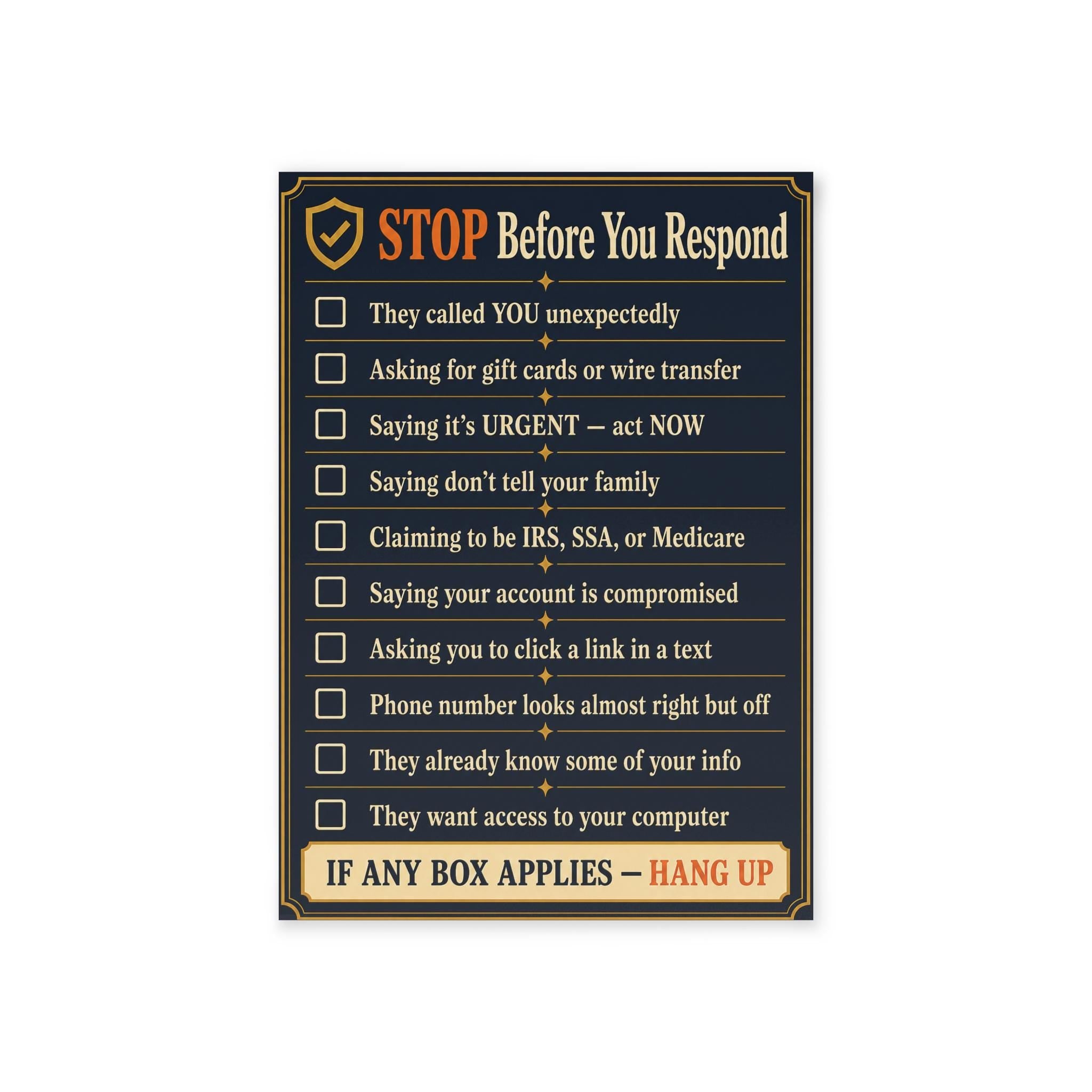 Senior Scam Alert Checklist Card - STOP Before You Respond - Phone Scam  Protection Reference Card for Seniors