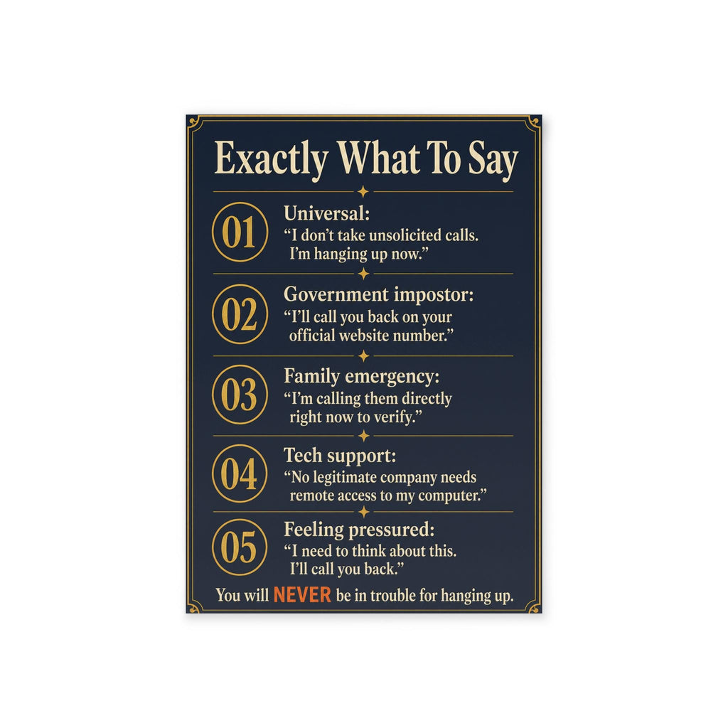 Senior Hang Up Script Card - Exactly What To Say To Phone Scammers - Elder Fraud Protection Reference Card