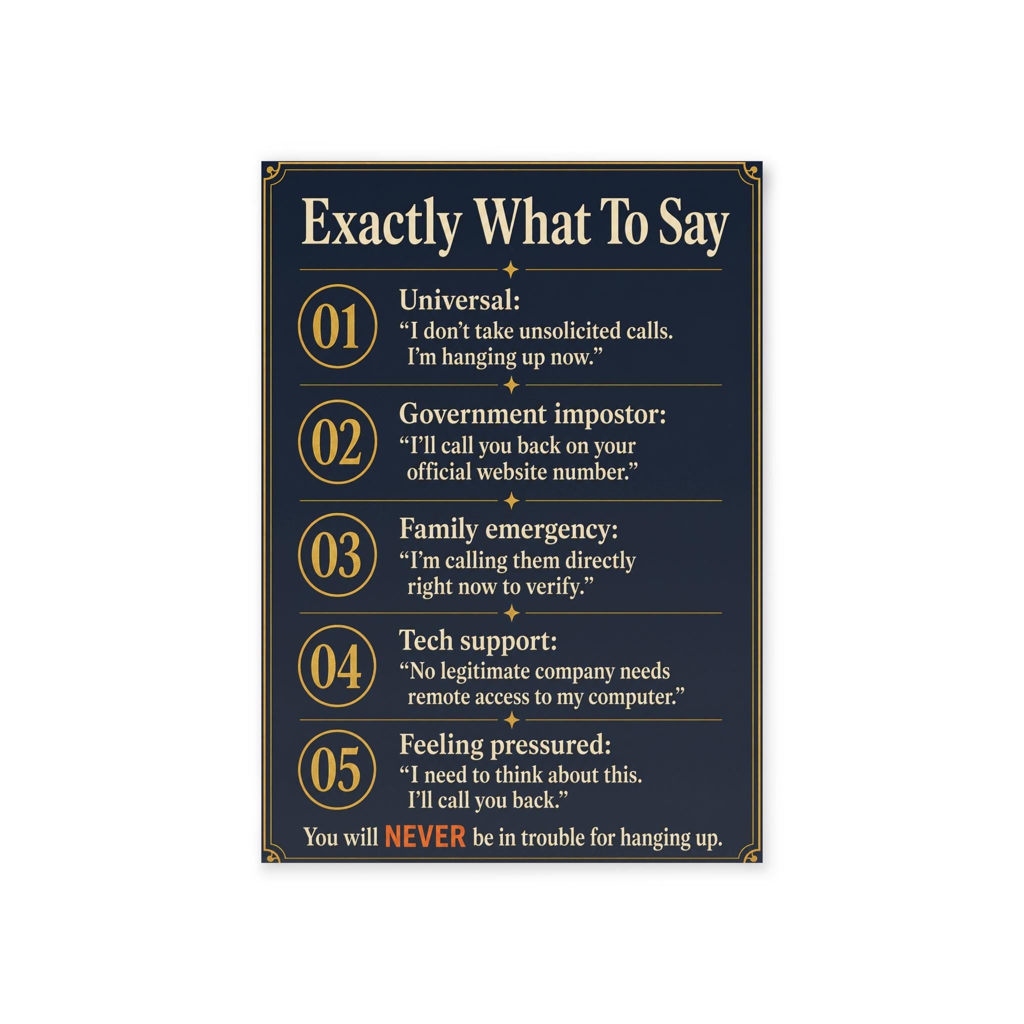 Senior Hang Up Script Card - Exactly What To Say To Phone Scammers - Elder Fraud Protection Reference Card