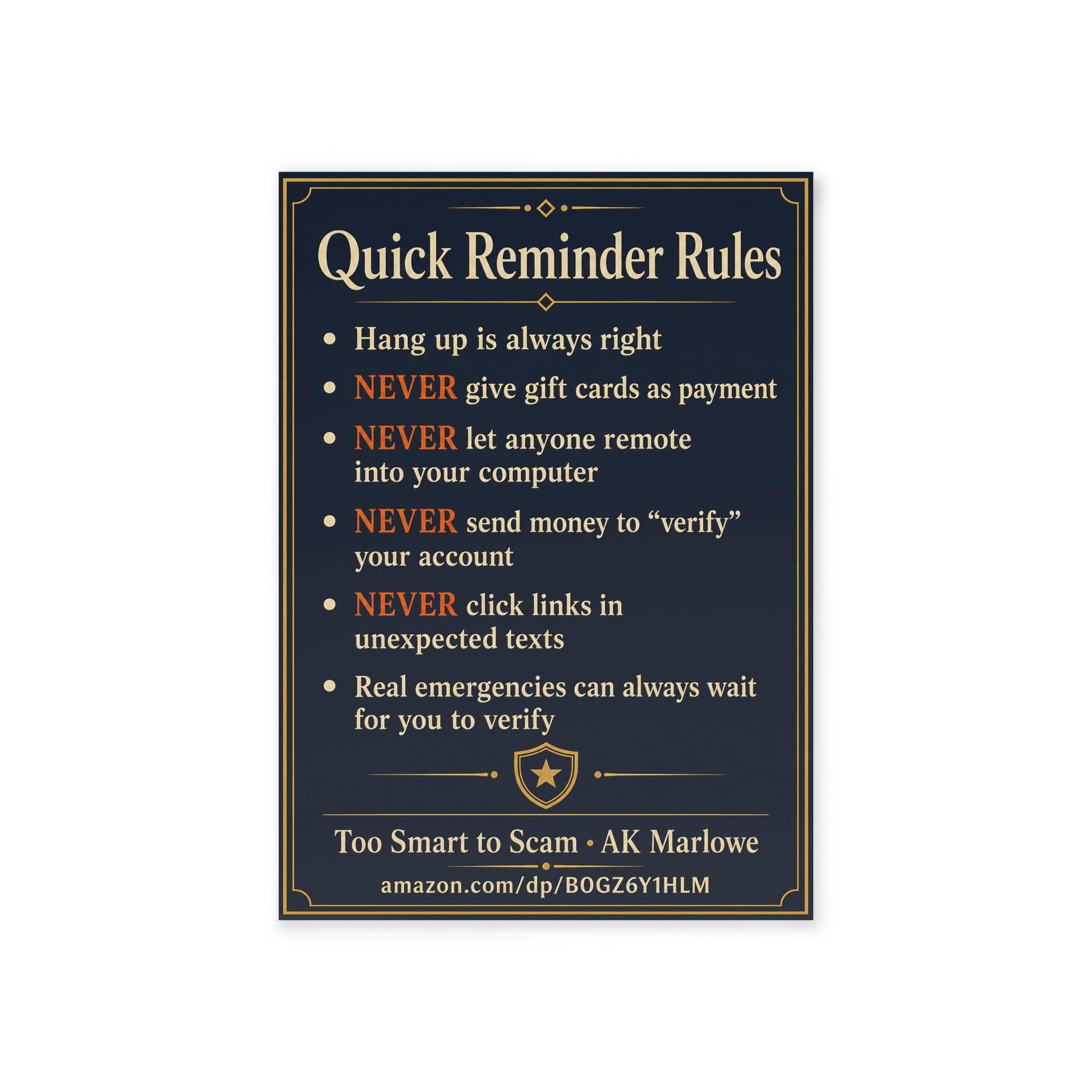Senior Hang Up Script Card - Exactly What To Say To Phone Scammers - Elder Fraud Protection Reference Card