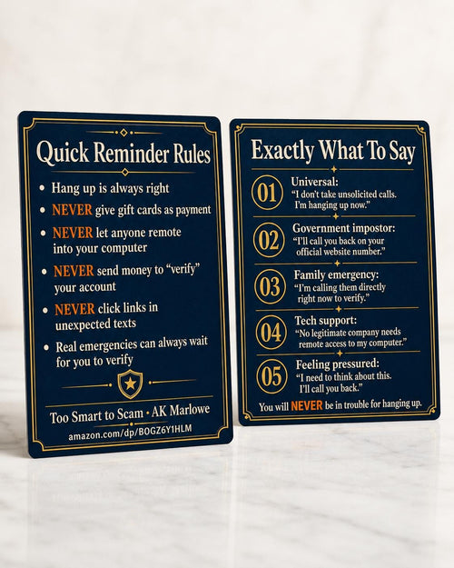Senior Hang Up Script Card - Exactly What To Say To Phone Scammers - Elder Fraud Protection Reference Card