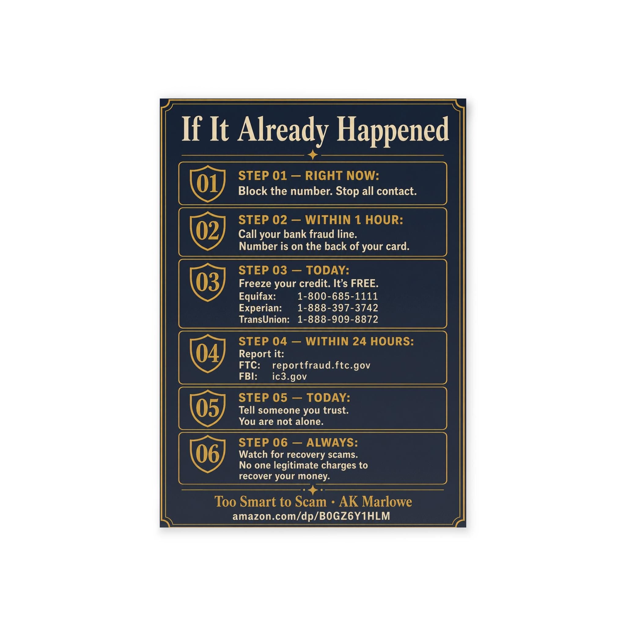 Senior Scam Emergency Response Card - if It Already Happened Step By Step - Elder Fraud Protection Reference Card